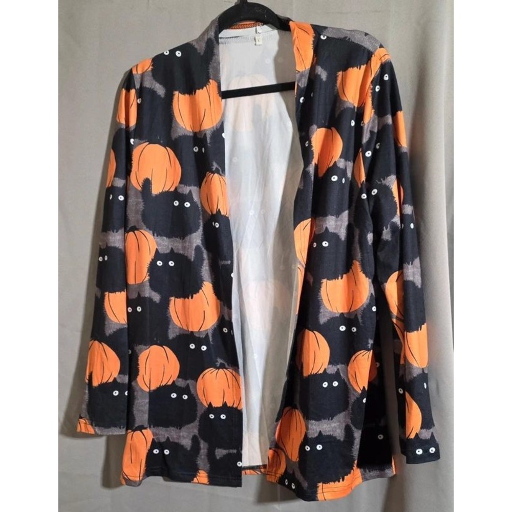 Halloween Black Cat Pumpkin Open Front Cardigan Large
